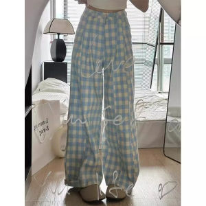 Quần Ống Rộng Kẻ Caro Cạp Cao Phong Cách Hàn Quốc Thường Ngày Cho Dáng Người Quả Lê Quần Ống Rộng Đa Năng Quần Dài Màu Xanh Lam