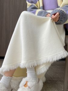 Khaki Knitted A-Line Mini Skirt Womens Spring Autumn High Waist Slimming Long Tassel Skirts Korean Style Commute Polyester Nylon