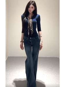 High Waist Bell Bottom Jeans Womens Slimming Long Pants Autumn New Design Trendy Denim Blue High Waist Flared Leggings