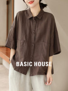 Basic House Casual Artistic Style Womens Short Sleeve Loose Fit Thin Shirt Coffee Color Autumn Five-Quarter Sleeve Top