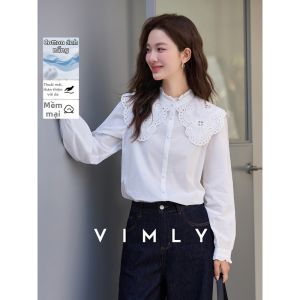 Vimly | Áo Sơ Mi Cotton Cổ Đứng Có Nếp Nhăn và Ren Thiết Kế Pháp