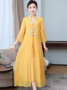 Elegant Chinese Style Shawl Collar Qipao Dress Womens plus Size Ethnicity Fashion Spring Autumn New Version Hanfu Long Skirt