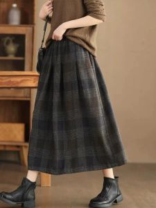 French Style Retro Pleated Yarn-Dyed Plaid Skirt for Women Fall and Winter High Waist Slim Looking Woolen Pleats A- line Mid-Length Skirt