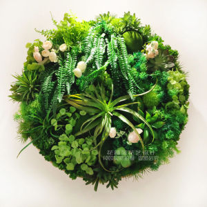 round Wall Mounted Artificial Succulent Plant Decorative Picture Frame Wooden Home Creative Wall Surface Plant Hanging Ornament