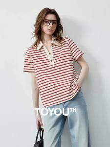Toyouth | Áo Nữ Kiểu Thủy Thủ Cổ POLO Sọc Đối Chiếu Chất Liệu Voan