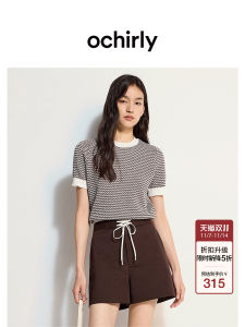 Ochirly Light Weight Linen like Stripe Short Sleeve Knitted Top Color Block Summer New Arrival Womens Commute Style Regular Fit