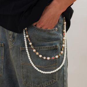 Ingemark | Ingemark Simple Imitation Pearl Rhinestone Waist Chain Men Vintage Gold Color Beads Jeans Key Wallet Chain Hip-hop Jewelry Gift
