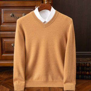 2025 Mens 100% Merino Wool Cashmere V-neck Sweater Pullover Smart Casual Basic Long Sleeve Knitwear Clothes Tops Autumn Winter