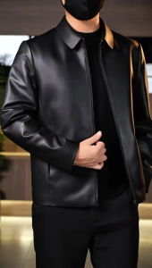Mens genuine leather jacket cowhide business casual turn-down collar jacket for middle-aged men.