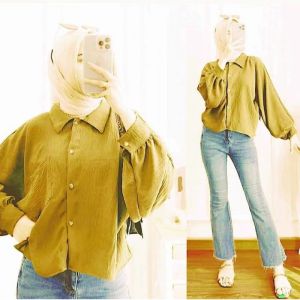 Kemeja Crop Crinkle Polos Malvin Wanita Lengan Panjang