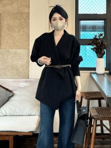 BINKAFENNY | Elegant Black Knitted Jacket Womens Autumn Winter Waist-Cinching Asymmetrical Mid-Length Top Fashionable Commute Style