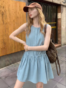 Sleeveless Light Blue Commuter Dress With Drawstring Waist And Single Row Buttons