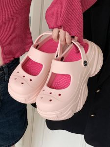 Fashionable Mary Jane Hole Hole Shoes Womens Outdoor Anti-Slip Thick Bottom High Heels Korean Style Color Block Summer Slippers