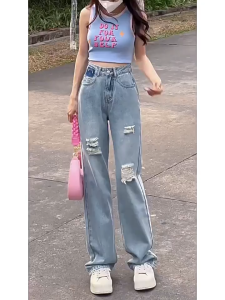 Jeans For Womens Contrasting Straight Leg Pants 2026 New Style Ripped High Waisted Sports Pants Loose Casual Wide Leg Pants