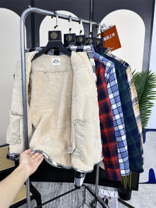 Brushed Flannel + Thick Faux Cashmere/Brick Factory! Autumn and Winter Check Heattech Casual Polo Collar Shirt Men