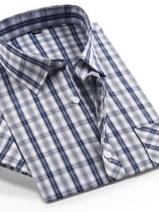 Ice Silk Fabric Summer New Style Loose Casual Thin Dad Shirt Short Sleeve Blue White Grid Middle-aged Mens Fashionable Casual Shirt