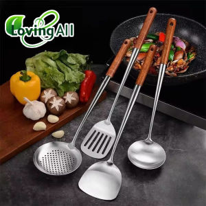Thickened Stainless Steel Wooden Handle Spatula Soup Cooking Frying Shovel Anti-Scald Colander Integrated Kitchen Utensils