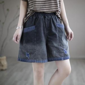 Loose Fit Distressed Denim Shorts Womens Summer 2024 New Artistic Slimming Elastic Waist Retro Wide Leg Pants