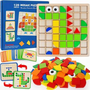 Wooden Montessori PuzzleToys Mosaic Color Shapes Sensory Game Early Educational Toy Jigsaw Pattern Blocks for Toddlers Gifts
