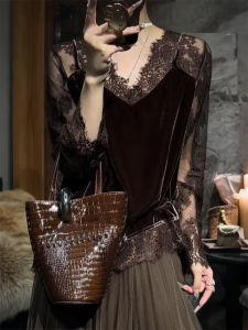 QINGNAER | Faux Two-Piece Lace Splicing See-Through Halter Womens Large Size Top