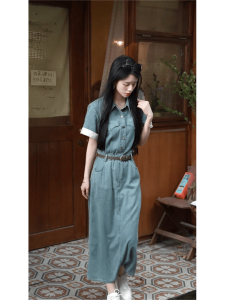 Casual Short Sleeve Patchwork Denim Dress Womens A-Line Skirt Fashionable Summer New Arrival Commute Style Cotton 100%