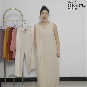 Women Sleeveless Long Dress V Neck Casual Linen Loose Fit Maxi Baju Perempuan 女生连衣裙