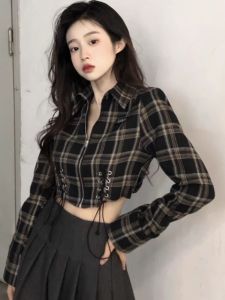 French Style Retro Plaid Shirt Pleated Skirt Two-piece Set Womens Spring & Fall Design Niche Style High Waist with Straps Chic Short