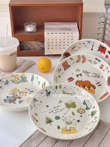 Cartoon Ceramic Deep Dish Plate Korean Style round Dessert Breakfast Fruit Pasta Bowl All Purpose Dinnerware Casual Dining Set