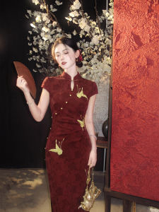New Chinese Style Red Short Sleeve Summer Wedding Toasting Modified Qipao Dress