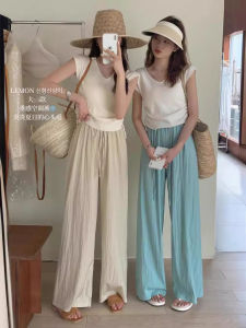 YOLO กางเกงขากว้างยับผ้าไหมน้ำแข็งสำหรับผู้หญิงกางเกงเอวลอยเข้ารูปทรงกระบอกบางตรงสำหรับฤดูใบไม้ผลิและฤดูร้อนกางเกงลำลองยาวสไตล์ขี้เกียจขนาดเล็กแนวเกาหลี