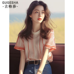 Red Striped Short Sleeve T-Shirt Womens Fashionable Korean Style Simple Elegant Thin Top Summer New Arrival Versatile Basic