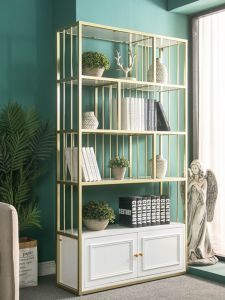 Modern Iron Art Bookshelf Solid Wood Floor Standing Storage Cabinet with Door Nordic Simple Luxury Large Wardrobe