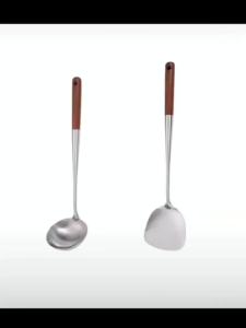 【Pot Spatula + Pot Spoon】Household Stainless Steel Cooking Set Spatula and Soup Spoon with Wooden Handle Anti-Scald Durable Extended Length