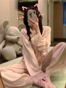 ชุดนอนผ้าไหมน้ำแข็งแขนยาวสบายๆ สำหรับผู้หญิง ชุดนอนฤดูใบไม้ผลิและฤดูใบไม้ร่วง ชุดอยู่บ้าน สไตล์หวาน เสื้อผ้าในบ้าน 2 ชิ้น