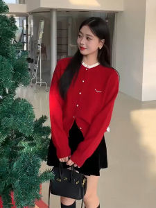 Christmas Red Beaded Knit Sweater Open Cardigan Womens Autumn Winter Loose Comfortable Slimming Versatile Knitted Top Trendy