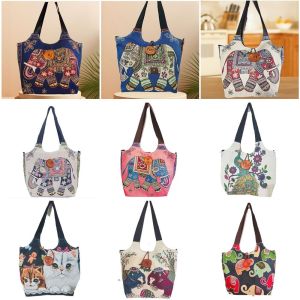 ZOOGGJZ งานปัก กระเป๋าสะพายไหล่สำหรับผู้หญิง ผ้าใบแคนวาส ช้างสีฟ้า กระเป๋าโท้ท ชนเผ่าชาติพันธุ์ จุได้มาก กระเป๋าถือแบบถือ สำหรับผู้หญิง