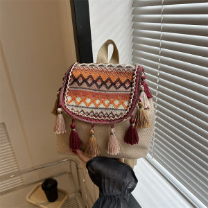 Fashionable Lightweight Large Capacity Tassel Embroidered Ethnic Style Ladies Backpack for Short Trips Casual Strolls