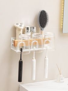 Bathroom Toothbrush Holder Wooden Cup Rack No Drilling Required Toothpaste Stand Solid Wood Sink Side Toothbrush Cup Organizer