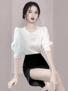 Stylish High-End French Design Silk-Like Short Sleeve Blouse