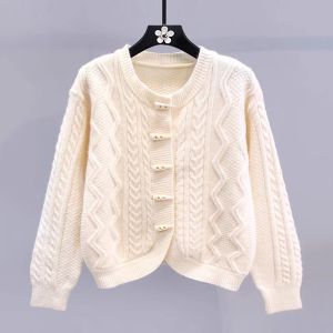 WANGGONGZHU | Soft Cozy Womens Knitted Open Cardigan Loose Fit Autumn Winter Fashionable Design Braided Horn Buttons Comfortable Lazy Style
