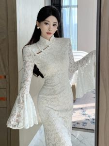 CHANGTONG | Elegant Unique White Lace Cheongsam Dress Ladylike Style High Quality Beautiful Special Design Button Detail Gathered Waist Long Skirt