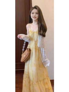 Beach Vacation Style Gradient Color Knitted Dress And Cardigan Two-Piece Set Fashionable Summer High Waist Floral Print Gown