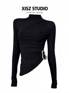 American Pure Desire Style Womens Long Sleeve Pleated Base Shirt Thickened Half High Collar Autumn Winter Slimming Top