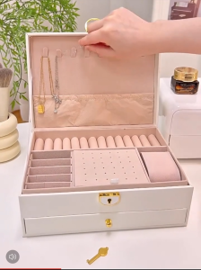 Double Layer Leather Jewelry Box With Lock Large Capacity Watch Ear Studs Necklace Organizer Jewelry Storage Case Organizer