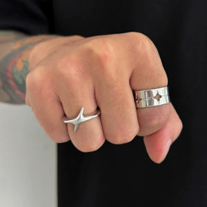 2Pcs Punk Silver Color Stars Cross Rings for Women Men Fashion Adjustable Couple Open Rings Y2K Hip Hop Vintage Jewelry Gifts