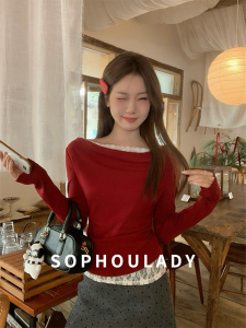 SophouLady Red Lace Shoulder Bared Long Sleeve Base Shirt Womens Autumn Outerwear Pure Desire Inner Match City Walk Casual Wear