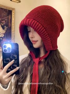 Warm Knitted Red Baroque Hat Womens Large Head Size Autumn Winter Knit Hat Sweet Cute Style round Top Wide Brim Street Wear