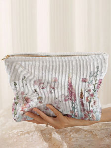 Watercolor wildflower patterned corduroy makeup bag lightweight zipper pouch multifunctional lined bag for cosmetics
