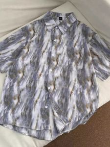 Summer Thin Casual Ice Silk Short Sleeve Mens Shirt Cool Feeling Breathable Loose Fit Youth Fashion Single Button Closure