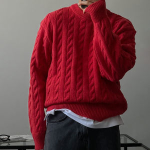 Red Thickened Knitted Sweater for Men Lazy Style Warm Inner Wear Twist Yarn Autumn Winter Outerwear Casual Loose Fit round Neck